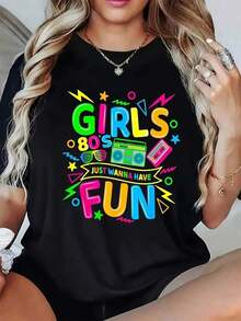Camiseta Casual Vintage de los 80 para Mujer - Estampado Atrevido Just Want to Have Fun, Top Retro Negro con Colores Neón, Atuendo para de Cumpleaños o Graduación, Camiseta Suave para Uso Diario, Ropa para Eventos Temáticos, Estampado Divertido y Estilo Cómodo - Camiseta Vintage de Estilo Urbano Unisex, Holgada, de Algodón, Manga Corta y Cuello Redondo. (Estilo casual, estilo retro, unisex) - Negro - Ver 2