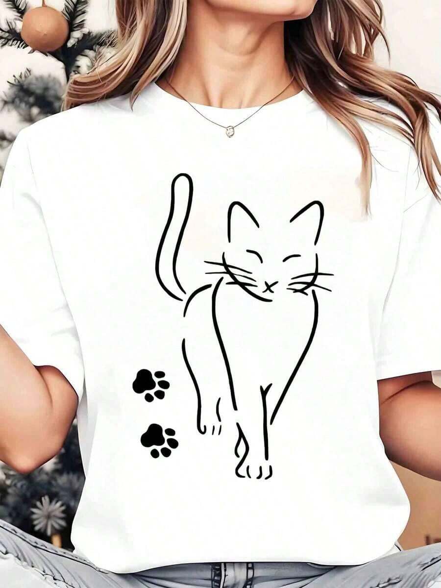 ropa de mujer Camiseta de mujer con estampado de gato y pata, informal, de cuello redondo, manga corta, suave y cómoda, camisas de mujer - Blanco - Ver 1