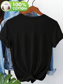 Camiseta de Mujer con Estampado de Gato Adorable, 100% Algodón, Manga Corta, NC-12396, Blusa para Salir para Mujer - Negro - Ver 3
