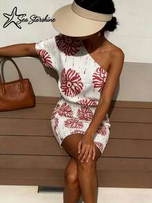 Women's Fashionable Versatile Elegant Floral Print Off-Shoulder Bodycon Dress, Spring/Summer - Multicolor - View 9
