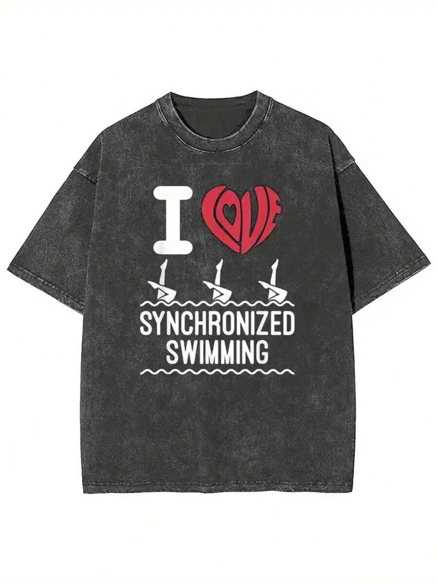 Camiseta de hombre "I Love Synchronized Swimming" - Camiseta vintage lavada con diseño de natación sincronizada, motivos de corazón y acuáticos, cuello redondo informal, adecuada para nadadores de competición, equipos de natación sincronizada - Regalo perfecto para adultos en las vacaciones. - Negro - Ver 1
