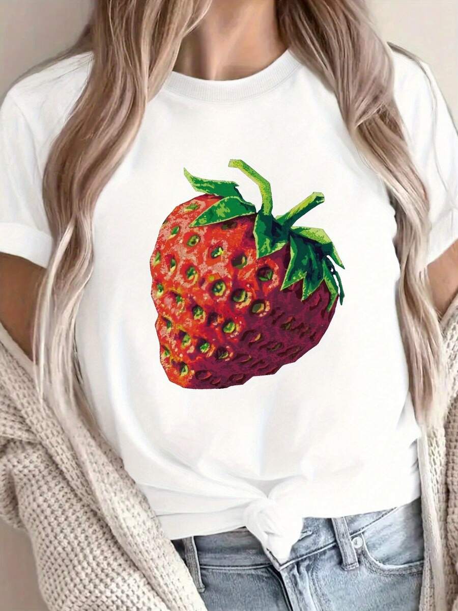 Camiseta Casual con Estampado de Fresas, Cuello Redondo, Manga Corta, para Primavera y Verano, Ropa de Mujer, 100% Algodón, Duradera - Blanco - Ver 1