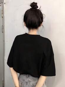Women's Short Sleeve Summer T-Shirt, Stylish Slim Fit Cartoon Print T-Shirt, Pure Cotton Short Sleeve Basic T-Shirt. #3333 Women's Going Out Blouses - 黑色 - 查看 3