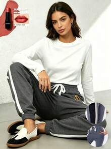Pantalones largos informales sólidos con efecto de mezclilla y encaje lateral para mujeres - Gris Oscuro - Ver 2
