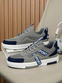 Sepatu Sneakers Kasual Low-Top Gaya Jalanan Pria dengan Motif Acak yang Dipersonalisasi, Sepatu Santai Luar Ruangan Retro Minimalis Patchwork untuk Remaja, Cocok untuk Semua Musim - abu-abu biru - View 2