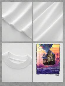 Casa flotando en el cielo con globos multicolores simboliza libertad sueños y esperanza sobre nubes suaves al atardecer camiseta de mujer  cómoda y transpirable para uso diario - Blanco - Ver 4
