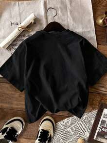 Camiseta Minimalista para Mujer con Estampado Gráfico "AMOUR", Manga Corta, Cuello Redondo, Casual, Negro/Blanco, Estilo Francés, Top de Moda Diaria - Negro - Ver 3