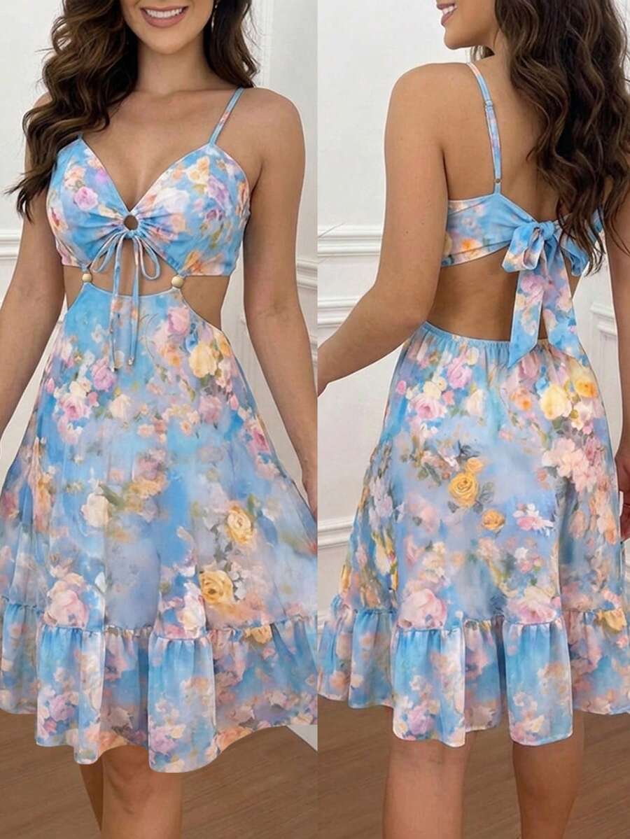 ChicMe Women's Tropical Print Hollow Out Waist Tie Camisole Dress, Tie-Up Short Dress For Holiday, Party, Fashion Elegant Vacation Summer - Light Wash - View 1