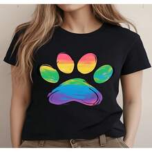 Women's Casual Short Sleeve Round Neck Cotton T-Shirt with Colorful Paw Print, High Stretch Regular Fit Top - Negro - Ver 1