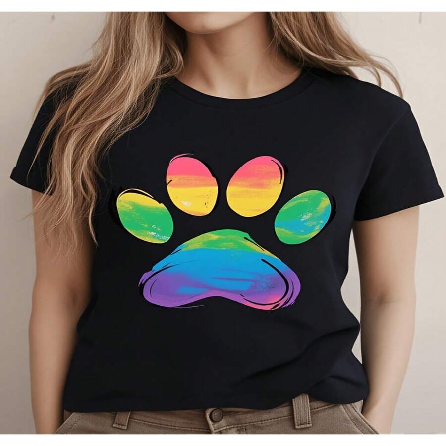 Women's Casual Short Sleeve Round Neck Cotton T-Shirt with Colorful Paw Print, High Stretch Regular Fit Top - Negro - Ver 1