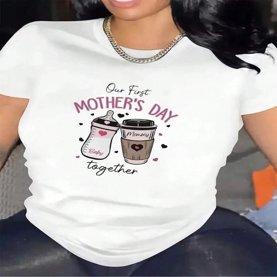 Women's First Mother's Day Together Cotton Regular Fit Short Sleeve Round Neck T-Shirt - Blanco - Ver 1