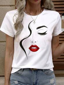 1 pieza Camiseta de mujer de manga corta, cuello redondo, estampado de línea de rostro, informal, para primavera y verano - Negro - Ver 1