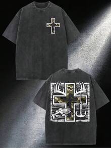 Camiseta de Algodón Lavado con Estampado de Camuflaje, Estilo Vintage Urbano, Estampado a Doble Cara, Camiseta para Hombre, Ropa de Verano con Efecto Desgastado, Mangas Caídas, Cuello Redondo, Manga Corta, Ideal para Regalar, Uso Diario. - Negro - Ver 7