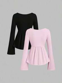 2 piezas Conjunto de camisetas de manga larga versátiles, elegantes y cómodas para mujer - Multicolor 5 - Ver 2