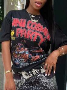 Camiseta de mujer "Uni Cosmic Party" con estampado gráfico psicodélico de dibujos animados, camiseta casual vintage de manga corta y cuello redondo, estilo Y2K estético retro, ropa de calle de moda, ligera, transpirable y cómoda para uso diario, ideal para festivales de música, fiestas de carnaval, salidas nocturnas, discotecas, patinetas, fines de semana casuales, regalo para entusiastas del streetwear y del arte retro. Cómoda y ligera. - Negro - Ver 8