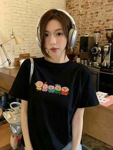 Camiseta de manga corta para mujer, de verano, cuello redondo, corte holgado, 100% algodón. - Negro - Ver 1
