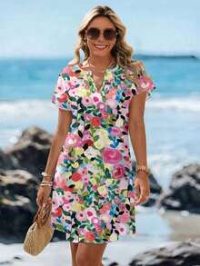 Vestido corto minimalista casual con cuello en V, adecuado para primavera y verano, ropa de verano para mujer, a rayas de colores, ropa de resort para mujer - Multicolor 3 - Ver 8