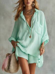 Women's Linen Blend Two-Piece Outfit, Oversized Roll-Up Sleeve Shirt And High Waist Shorts Set, Casual Loose Summer Beach Co-Ord - Màu Khaki - Xem 3