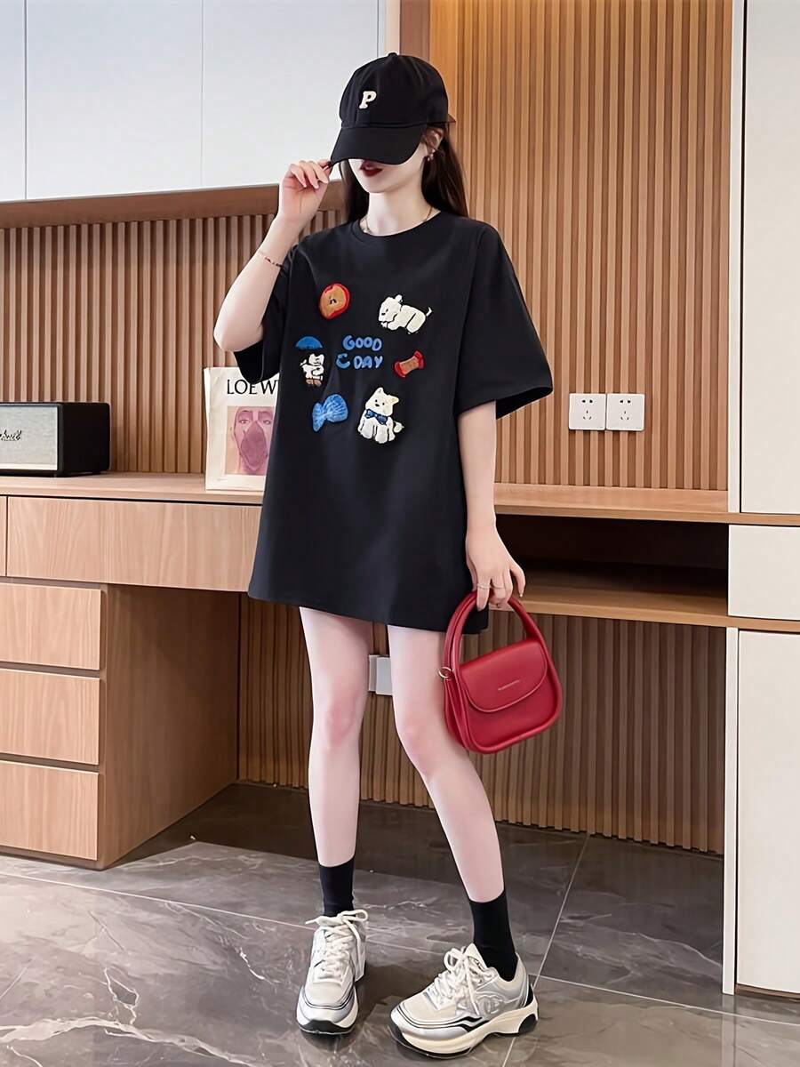 Una camiseta de manga corta para mujer, moderna, a la moda, retro, holgada, suave y cómoda, adecuada para actividades al aire libre en primavera y verano.Camiseta de verano para mujer, bordada con dibujos animados, holgada, estilizadora y versátil.blusas para mujer,blusas casuales para dama,tops,, mujer premium,y2k,playeras de mujer curvy,ofertas y liquidaciones ropa mujer,playeras deportivas para mujer,,playeras de hombre, mujer,blusas>elegante MHJG - Negro - Ver 1