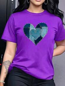 Camiseta blusa playera grafica dama mujer casual manga corta cuello redondo básica estampado corazón corazones estilo imitación mezclilla denim vaquero diario día noche san Valentín día de los enamorados suave corte regular cómoda fresca ligera moderna juvenil y2k aesthetic - Morado - Ver 6