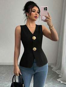Blusa exterior con cuello en V ajustada con decoración de botones dorados con rosas - Negro - Ver 3