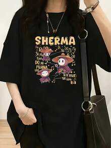 Women's Spring/Summer Clothing Featuring A Striking Yellow Font Displaying The Word "SHERMA," Surrounded By Three Cartoon Characters Wearing Straw Hats. The Design Is Adorable, Primarily In Red And Purple. The Pattern Also Includes Numerous Musical Notes And Various Alphabet Characters, Such As "Fa, Ri, Do" And The Word "FUN," Creating A Lively And Cheerful Atmosphere. By Incorporating Cartoon Characters, Text, And Musical Symbols, It Presents A Unique And Playful Style. T-Shirt. Men's T-Shirts, Women's Oversized T-Shirts, Y2K Women's Shirt, Women's Casual Blouse, Women's Elegant Blouse, Offers - 黑色 - 查看 6