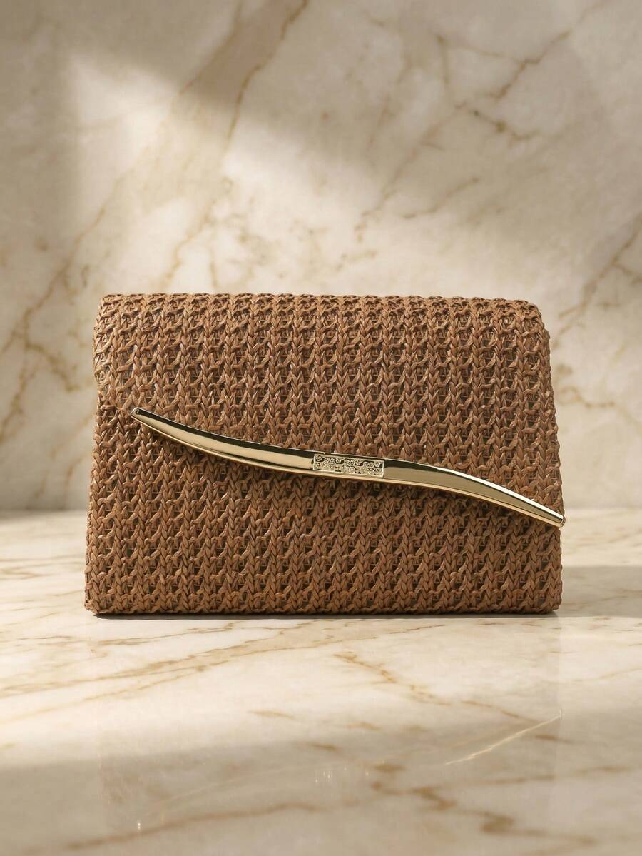 Brown Floral Woven Beach Envelope Design Party/Wedding Clutch Bag, Women Handbag With Strap, Shoulder Bag, Fashionable Wallet - Brown - View 1