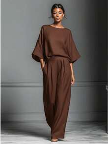 Conjunto de lino con mangas campana, estilo elegante y moderno, nueva colección primavera-verano 2026 para mujer - marrón café - Ver 1