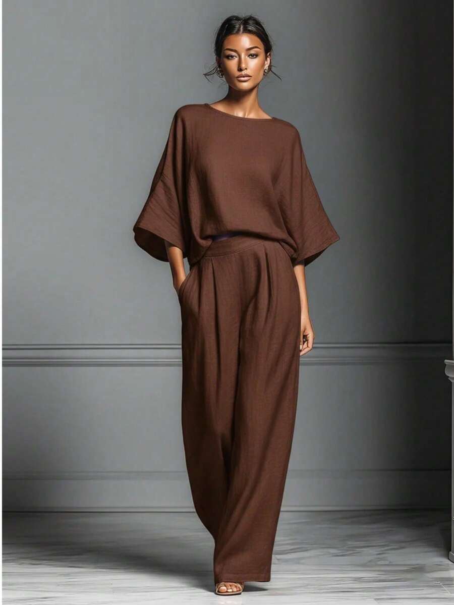 Conjunto de lino con mangas campana, estilo elegante y moderno, nueva colección primavera-verano 2026 para mujer - marrón café - Ver 1