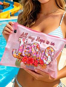 Bolsa de playa de malla de colores a prueba de agua, bolsa de maquillaje con estampado de letras florales "Jesús", bolsa de maquillaje transparente de gran capacidad - Multicolor - Ver 9