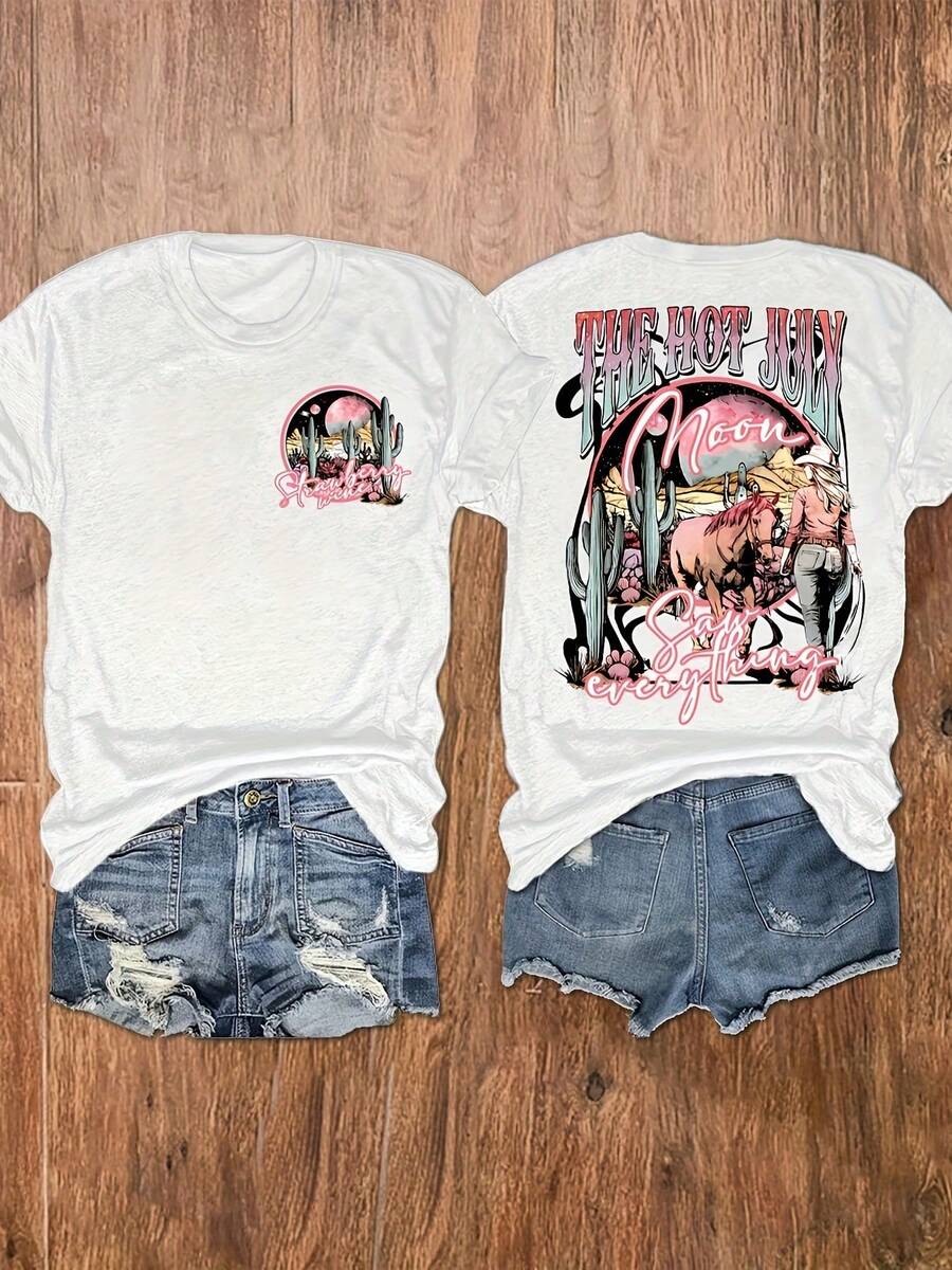 Women's 100% Cotton T-Shirts 2026, Graphic Print T-Shirt, Short Sleeve, Round Neck, Casual Top For Summer And Spring, Korean Style Women's Clothing - White - View 1