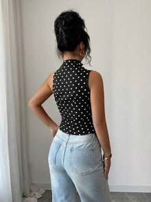 Blusa ajustada con dobladillo asimétrico y lunares rojos, top elegante para fiestas de Navidad y Año Nuevo, verano - Negro - Ver 2