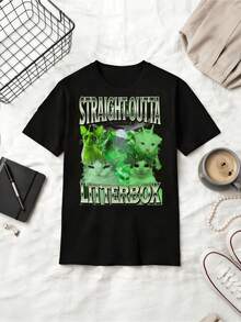 Straight Outta Litterbox Alien Cat Funny Parody Cotton Summer Short Sleeve T-Shirt - Black - View 1