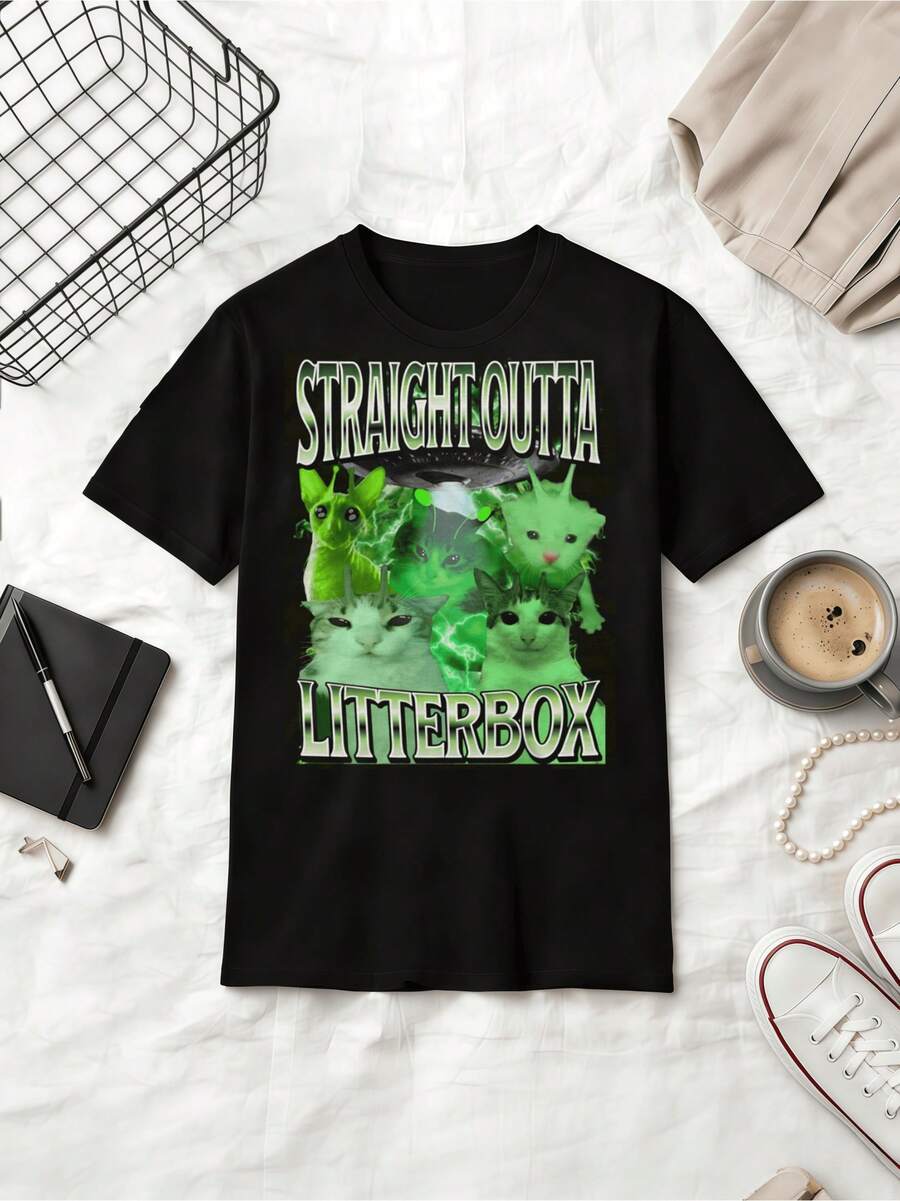 Straight Outta Litterbox Alien Cat Funny Parody Cotton Summer Short Sleeve T-Shirt - Black - View 1