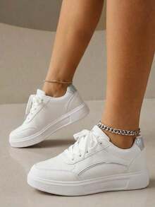 Women's Fashionable Versatile Outdoor White Lightweight Lace-Up Round-Toe Flat-Heel Anti-Slip Comfortable Casual Shoes Sneakers Running Shoes, Sizes 36-43 - White - View 4