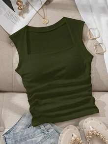 Camiseta ajustada con cuello cuadrado acolchado para mujer, primavera/verano - Verde militar - Ver 1