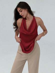 ajustado de mujer de cuello halter con efecto drapeado en un bloqueo de colores minimalista y elegante - Burdeos - Ver 9