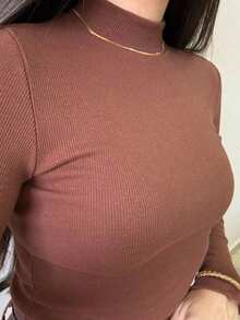 Women's Plush Ribbed Blouse Long Sleeve High Neck Basic Casual Modern Thermic Black S,M,L,XL - 鏽棕色 - 查看 2