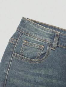 Explorewe Jeans de mezclilla estilo Y2K versátiles lavados y desgastados con pierna acampanada y elásticos para niñas adolescentes - Azul lavado medio 2 - Ver 4