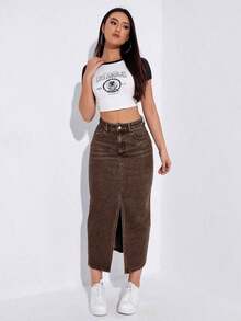 Falda vaquera larga con abertura de moda casual para mujer - Café integral - Ver 5