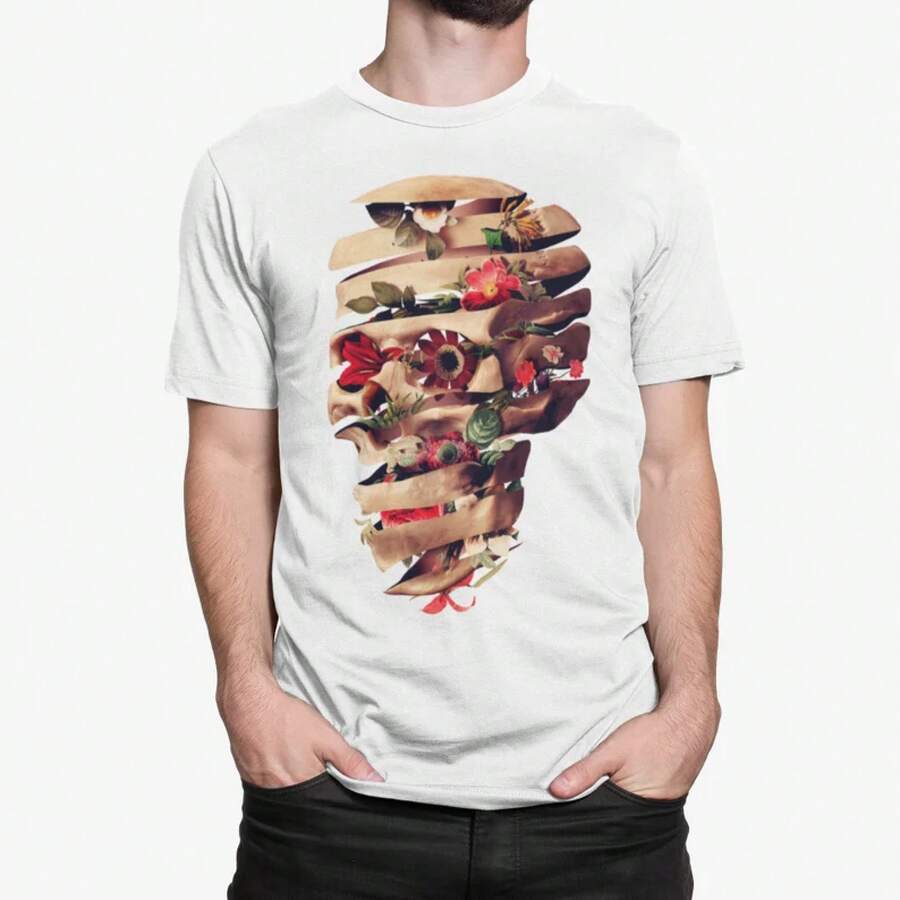 1 Piece, Floral Skull T-Shirt, Top With Artistic Skull And Flower Design, Suitable For Couples, Available In Sizes S-3XL, Unisex, Urban Fashion, Casual Summer Style, Elegant Women's Style, Cotton Crew Neck T-Shirt, For Everyday Wear. | Perfect Holiday Gift | 100% Cotton Fabric | Soft And Comfortable | Crew Neck T-Shirt | - 白色 - 查看 1