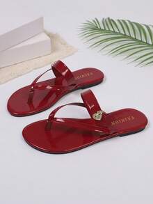 Women's Fashion Rhinestone Bow Tie Strap Flip Flops, Casual Versatile Beach Vacation Party Indoor & Outdoor Sandals, Summer New Arrival - Red - View 2