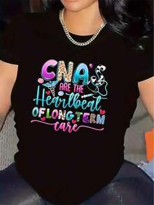 Women's Black Polyester T-Shirt With Vibrant Heartbeat Graphic Print - "CNAs Are The Heart Of Long-Term Care" Design, Comfortable And Durable For Nursing Homes Or Hospitals, Long-Sleeved T-Shirt. - 黑色 - 查看 12