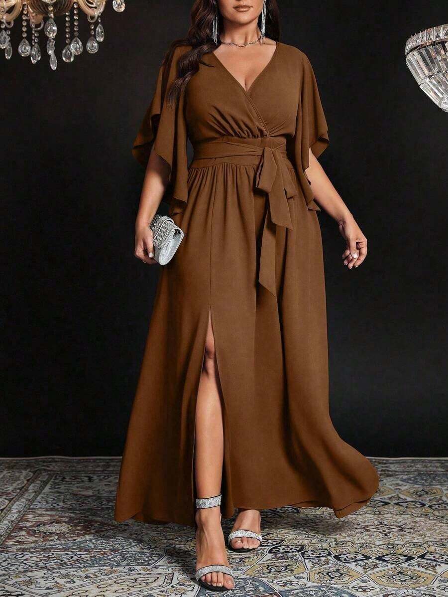 Vestido maxi elegante de fiesta con abertura, cuello en V ajustado, mangas acampanadas y cintura fruncida, talla grande para mujer - Marrón - Ver 1