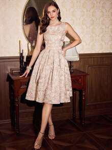 DECDS Vestido de mujer elegante y vintage con estampado floral de jacquard para fiestas, festivales y eventos elegantes.Vestidos largos elegantes para fiestas para mujeres en otoño, invierno, Navidad, Halloween y Año Nuevo. - Rosa Pálido - Ver 5