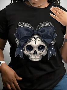 Unisex Gothic T-Shirt With Skulls And Lace 2026, Micro-Elastic Fabric, Soft And Breathable, Black Top, Casual Halloween Clothing, Short Sleeve Printed T-Shirt With Round Neck, Urban Style, Cool - 黑色 - 查看 1