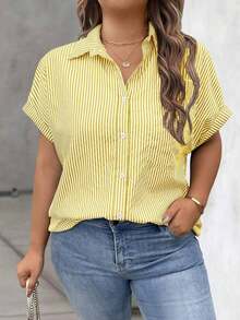 Vionelle Blusa casual de talla grande para mujer con estampado de rayas azul y blanco, de manga corta y abotonada, para el verano - Amarillo - Ver 7