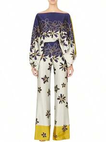 Off Shoulder Jumpsuit For Women, Multiple Colors Geometric Print Lantern Sleeve One Piece, Evening Party Glamorous Formal Outfit - 杏色 - 查看 6