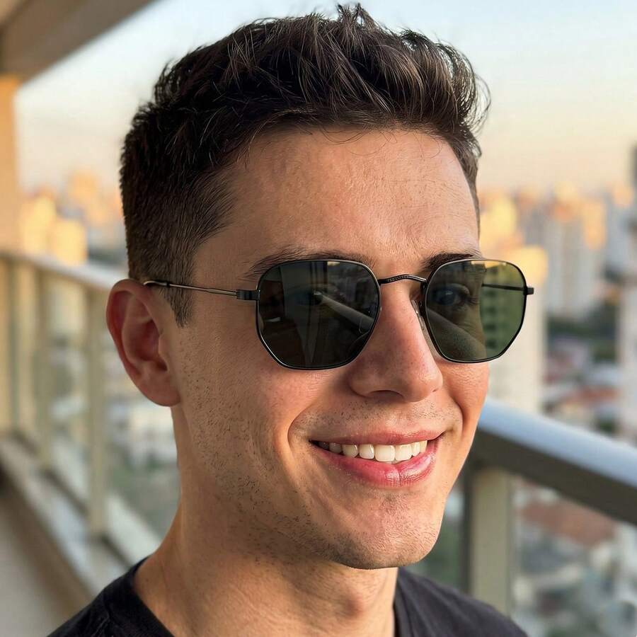 Óculos de Sol Masculino Hexagonal Ilook Casual em Metal Cores Variadas Polarizado UV400 - Verde com Preto - Visão 1