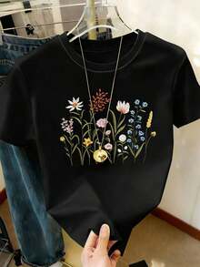 Camiseta Personalizada de Gran Tamaño con Bordado de Flores Silvestres, Camiseta con Bordado Floral, Camiseta de Verano de Manga Corta con Cuello Redondo - Estilo Vintage Urbano, Camiseta Holgada de Algodón de Manga Corta con Cuello Redondo - Negro - Ver 7